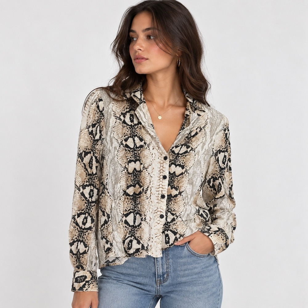 Topshop Snakeskin Blouse Womens 6 Python Print Ruched Fitted Button Down Shirt